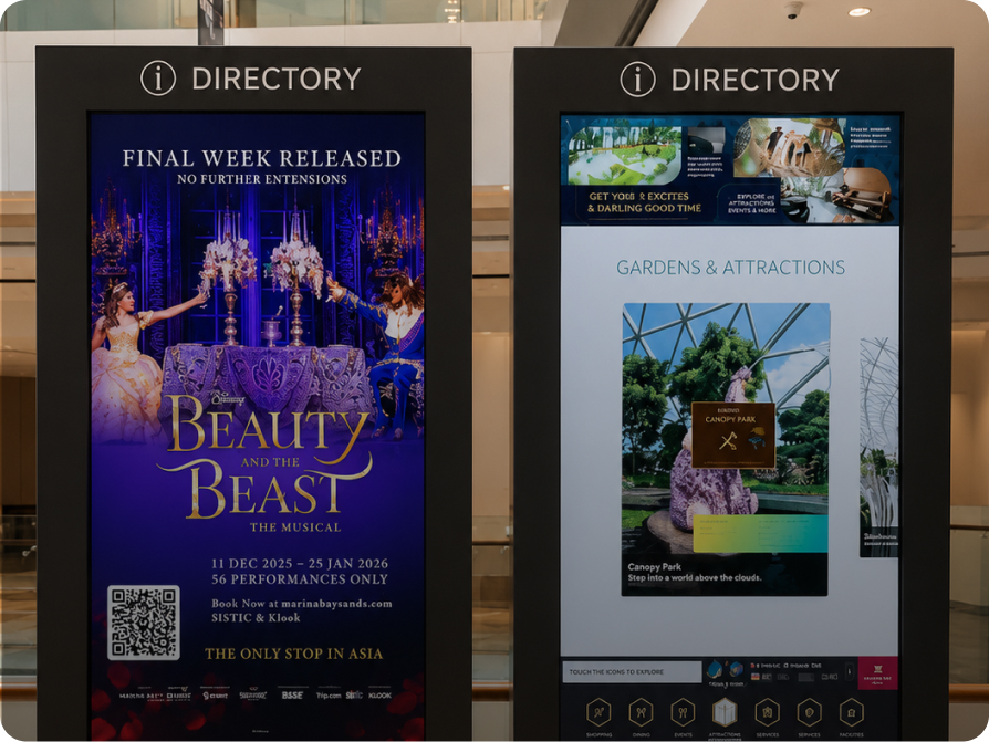 Shopping mall directory screens showing Beauty and the Beast musical advertising