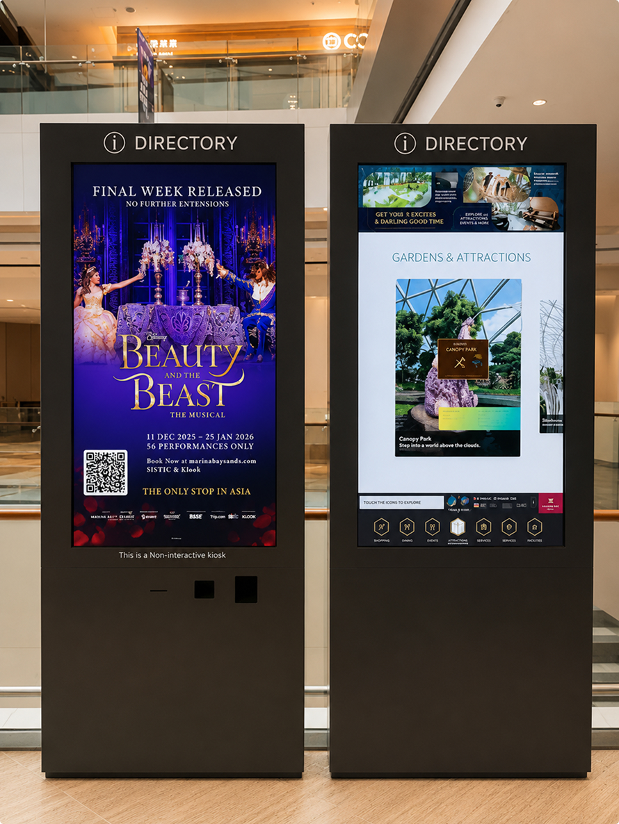 Beauty and the Beast musical ads on digital directory screens in a mall