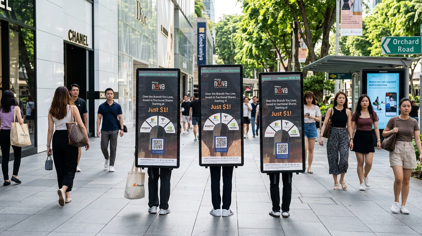 PosterWalker™ talents with digital backpack screens walking along Orchard Road, Singapore
