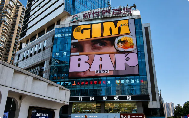 K-Food gimbap ad on a large LED façade screen in Chongqing, China